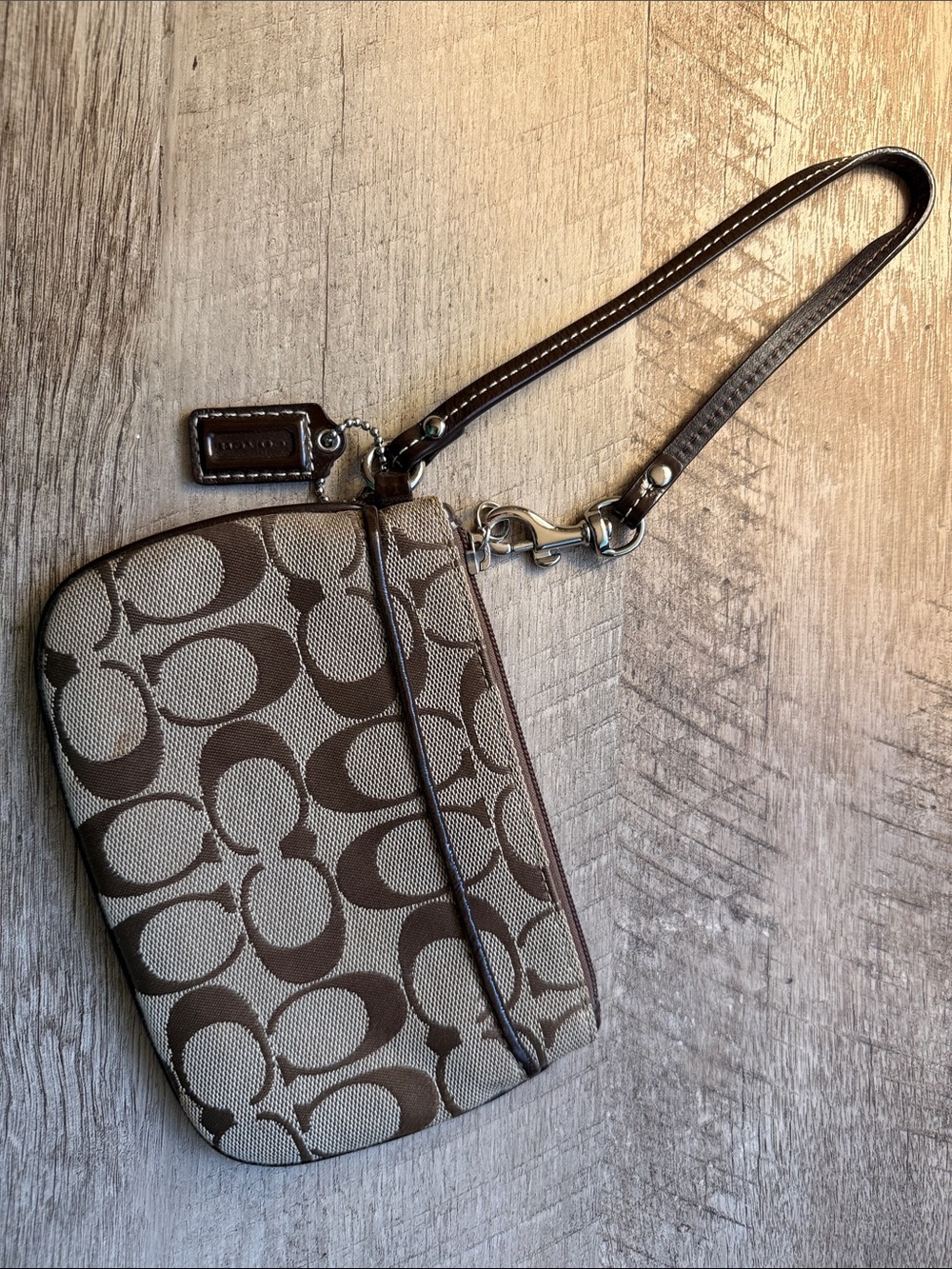 Coach Brown Signature Canvas Wristlet with Tan Accents